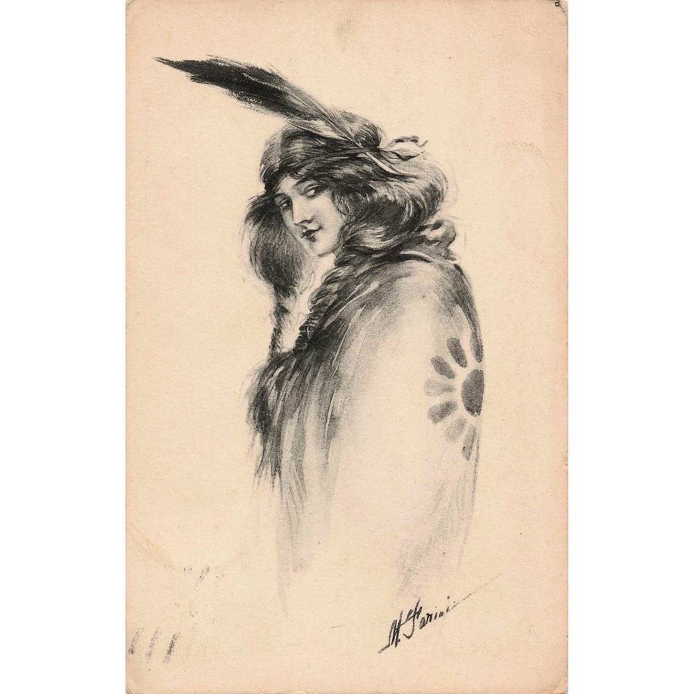 Woman Feathered Headwear Printed Artist Signature Postcard Munhall PA 1913 - Picture 1 of 2